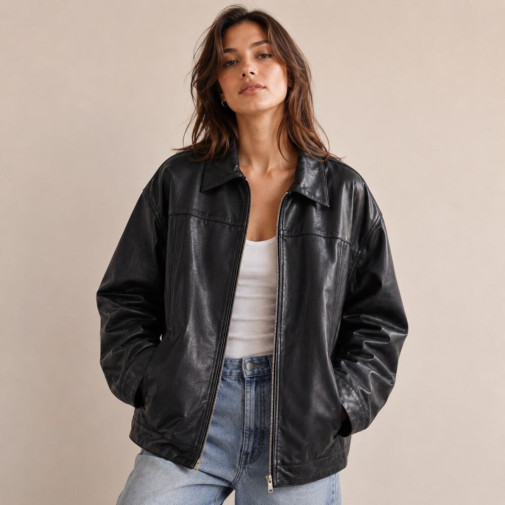 Vintage Alfani Outerwear Women's Real Leather Jacket L Black Full Zip Moto Biker